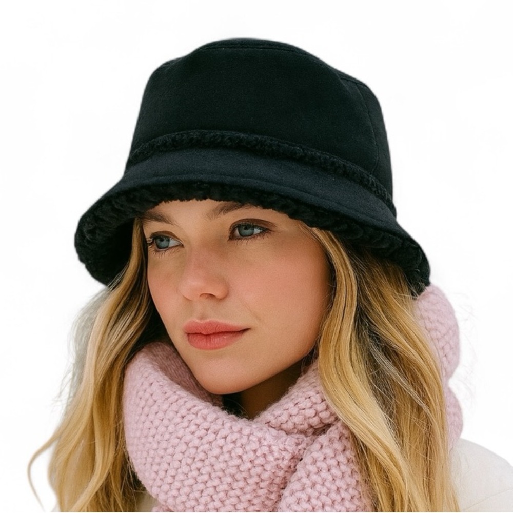 UGG Black Shearling-Trim Bucket Hat